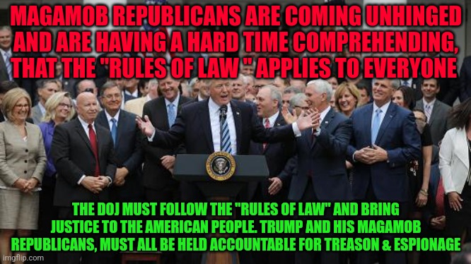 GOP Healthcare celebration 2 | MAGAMOB REPUBLICANS ARE COMING UNHINGED AND ARE HAVING A HARD TIME COMPREHENDING, THAT THE "RULES OF LAW " APPLIES TO EVERYONE; THE DOJ MUST FOLLOW THE "RULES OF LAW" AND BRING JUSTICE TO THE AMERICAN PEOPLE. TRUMP AND HIS MAGAMOB REPUBLICANS, MUST ALL BE HELD ACCOUNTABLE FOR TREASON & ESPIONAGE | image tagged in gop healthcare celebration 2 | made w/ Imgflip meme maker
