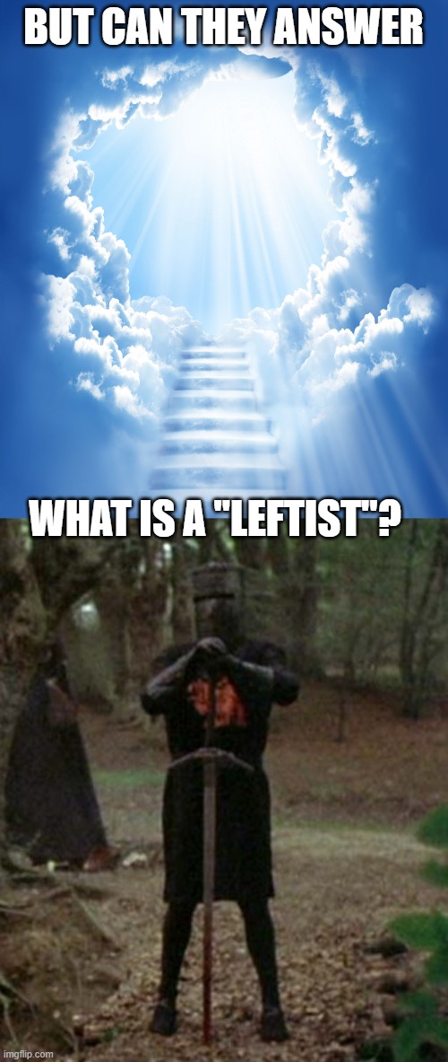 BUT CAN THEY ANSWER WHAT IS A "LEFTIST"? | image tagged in heaven,monty python black knight | made w/ Imgflip meme maker