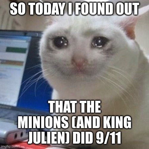 they did too much trolling | SO TODAY I FOUND OUT; THAT THE MINIONS (AND KING JULIEN) DID 9/11 | image tagged in memes,funny,crying cat,9/11,minions,king julien | made w/ Imgflip meme maker