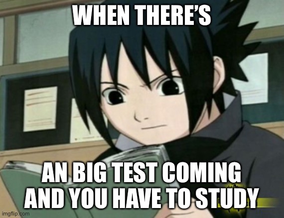 Study | WHEN THERE’S; AN BIG TEST COMING AND YOU HAVE TO STUDY | image tagged in sasuke reading book,test,studying,memes,sasuke | made w/ Imgflip meme maker