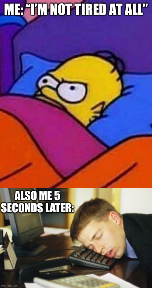 Tired | ME: “I’M NOT TIRED AT ALL”; ALSO ME 5 SECONDS LATER: | image tagged in homer simpson lying awake,falling asleep,im not tired,me,also me | made w/ Imgflip meme maker