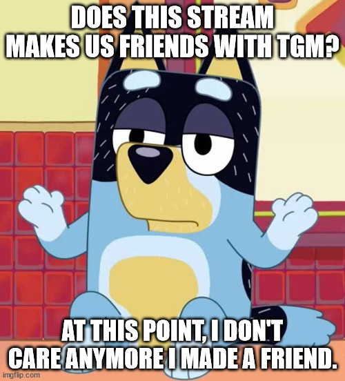 a | DOES THIS STREAM MAKES US FRIENDS WITH TGM? AT THIS POINT, I DON'T CARE ANYMORE I MADE A FRIEND. | image tagged in bluey bandit too tired to give a f | made w/ Imgflip meme maker