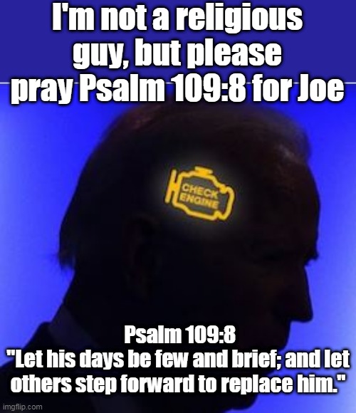 Amen | I'm not a religious guy, but please pray Psalm 109:8 for Joe; Psalm 109:8 
"Let his days be few and brief; and let others step forward to replace him." | image tagged in prayer for joe | made w/ Imgflip meme maker