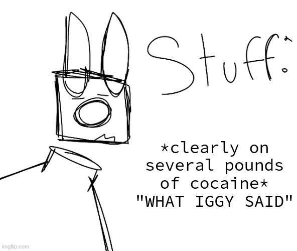 stuff. by null. | *clearly on several pounds of cocaine*
"WHAT IGGY SAID" | image tagged in stuff by null | made w/ Imgflip meme maker