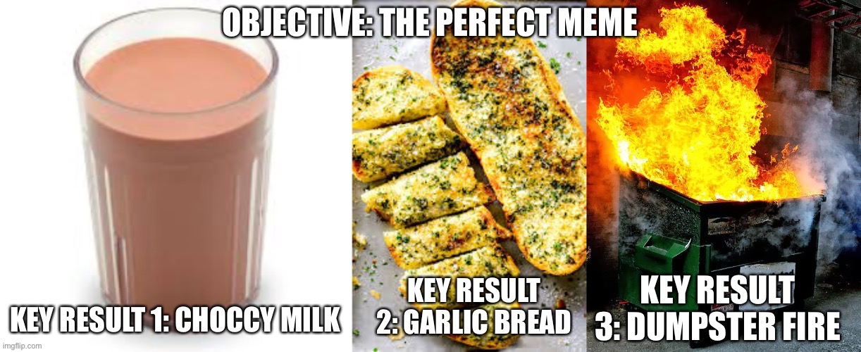 Don’t have to know what OKRS are to enjoy | image tagged in choccy milk,bread,dumpster fire | made w/ Imgflip meme maker