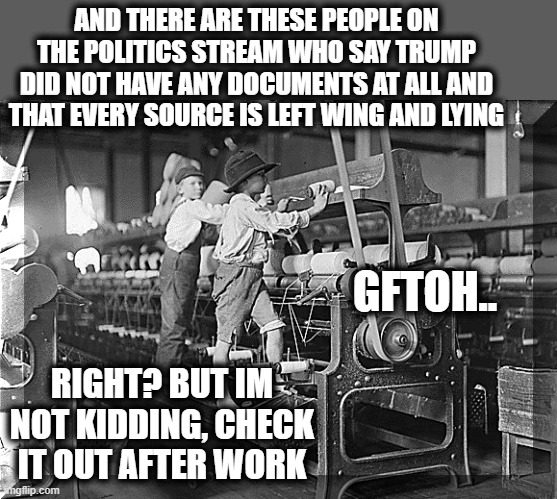 child labour | AND THERE ARE THESE PEOPLE ON THE POLITICS STREAM WHO SAY TRUMP DID NOT HAVE ANY DOCUMENTS AT ALL AND THAT EVERY SOURCE IS LEFT WING AND LYI | image tagged in child labour | made w/ Imgflip meme maker