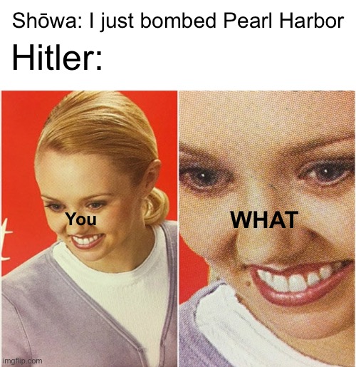 Shōwa: I just bombed Pearl Harbor; Hitler:; WHAT; You | image tagged in blank white template,wait what | made w/ Imgflip meme maker