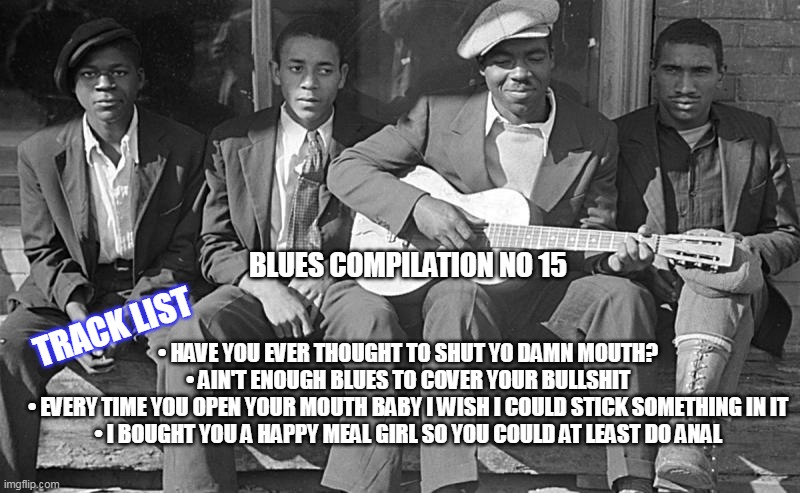 Blues compilation no 15 | BLUES COMPILATION NO 15; TRACK LIST; •	HAVE YOU EVER THOUGHT TO SHUT YO DAMN MOUTH?
•	AIN'T ENOUGH BLUES TO COVER YOUR BULLSHIT
•	EVERY TIME YOU OPEN YOUR MOUTH BABY I WISH I COULD STICK SOMETHING IN IT
•	I BOUGHT YOU A HAPPY MEAL GIRL SO YOU COULD AT LEAST DO ANAL | image tagged in blues guitarist,funny,blues,anal,shut up,woman | made w/ Imgflip meme maker