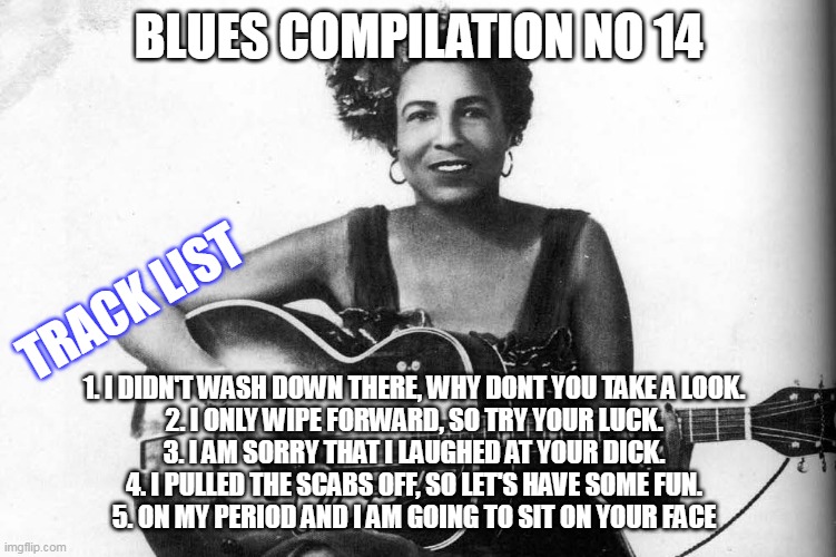 Blues compilation no 14 | BLUES COMPILATION NO 14; TRACK LIST; 1. I DIDN'T WASH DOWN THERE, WHY DONT YOU TAKE A LOOK.
2. I ONLY WIPE FORWARD, SO TRY YOUR LUCK.
3. I AM SORRY THAT I LAUGHED AT YOUR DICK.
4. I PULLED THE SCABS OFF, SO LET'S HAVE SOME FUN.
5. ON MY PERIOD AND I AM GOING TO SIT ON YOUR FACE | image tagged in blues guitarist,funny memes,sex,dick,funny,blues | made w/ Imgflip meme maker