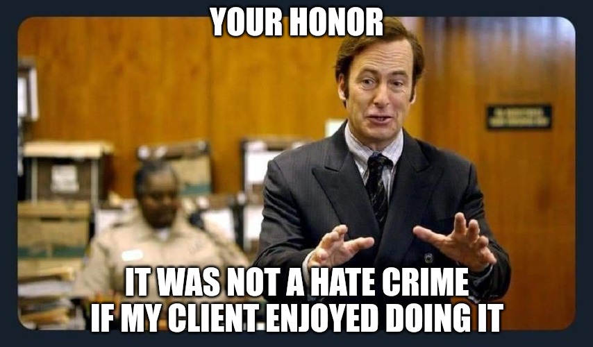 Your honour | YOUR HONOR; IT WAS NOT A HATE CRIME IF MY CLIENT ENJOYED DOING IT | image tagged in your honour | made w/ Imgflip meme maker