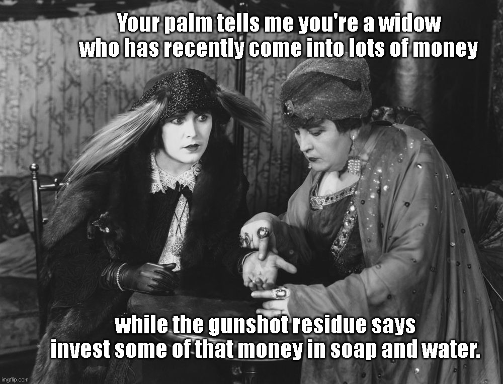 Gypsy fortune teller | Your palm tells me you're a widow who has recently come into lots of money; while the gunshot residue says invest some of that money in soap and water. | image tagged in gypsy fortune teller,memes,humor,fortune teller | made w/ Imgflip meme maker