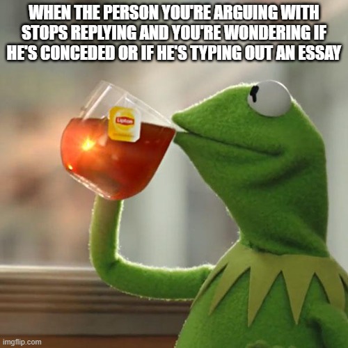 (Yep, he was typing out an essay) | WHEN THE PERSON YOU'RE ARGUING WITH STOPS REPLYING AND YOU'RE WONDERING IF HE'S CONCEDED OR IF HE'S TYPING OUT AN ESSAY | image tagged in memes,but that's none of my business,kermit the frog | made w/ Imgflip meme maker