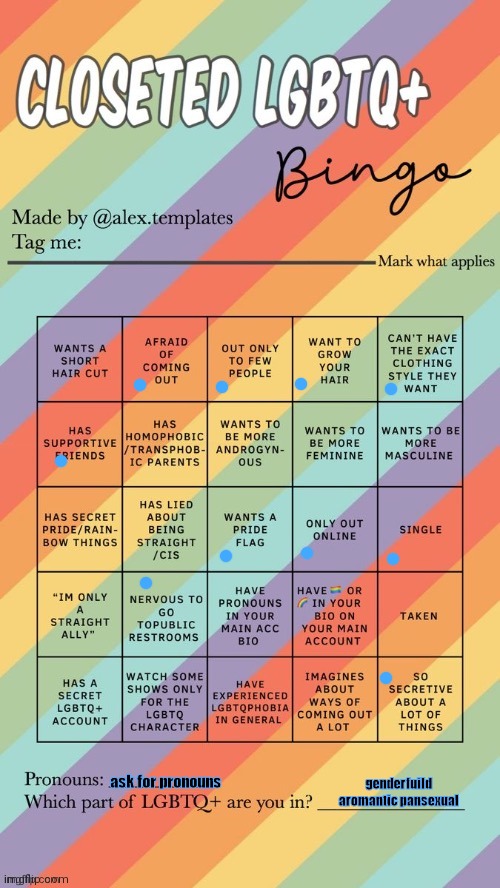 I finally know what I am | ask for pronouns; genderfuild aromantic pansexual | image tagged in closeted lgbtq bingo | made w/ Imgflip meme maker