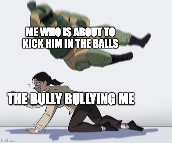 Rainbow Six - Fuze The Hostage | ME WHO IS ABOUT TO KICK HIM IN THE BALLS; THE BULLY BULLYING ME | image tagged in rainbow six - fuze the hostage,bully,revenge | made w/ Imgflip meme maker