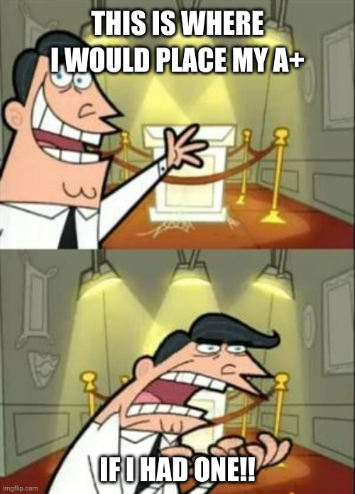 A++++++++++++++++++++++++++++++++++++++-+++++++++++++++++++++++_+ | THIS IS WHERE I WOULD PLACE MY A+; IF I HAD ONE!! | image tagged in memes,this is where i'd put my trophy if i had one | made w/ Imgflip meme maker