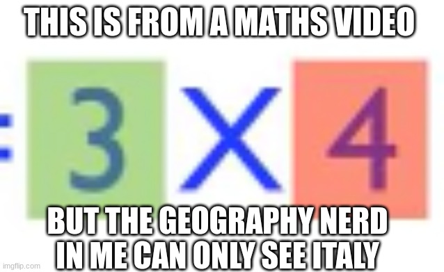 I'm a real geography nut. xD |  THIS IS FROM A MATHS VIDEO; BUT THE GEOGRAPHY NERD IN ME CAN ONLY SEE ITALY | image tagged in geography,italy,flags,maths,math | made w/ Imgflip meme maker