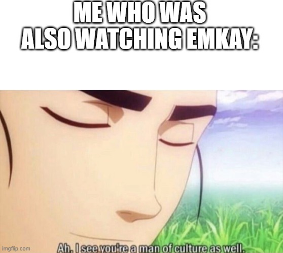 Ah I see you're a man of culture as well | ME WHO WAS ALSO WATCHING EMKAY: | image tagged in ah i see you're a man of culture as well | made w/ Imgflip meme maker