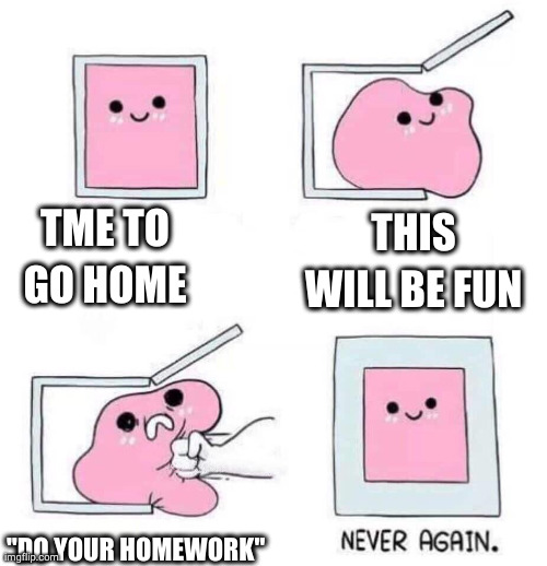 Never again | TME TO GO HOME; THIS WILL BE FUN; "DO YOUR HOMEWORK" | image tagged in never again | made w/ Imgflip meme maker