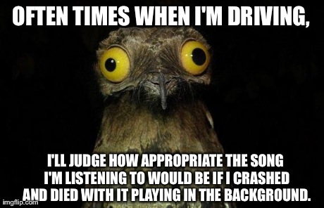 Weird Stuff I Do Potoo | OFTEN TIMES WHEN I'M DRIVING, I'LL JUDGE HOW APPROPRIATE THE SONG I'M LISTENING TO WOULD BE IF I CRASHED AND DIED WITH IT PLAYING IN THE BAC | image tagged in memes,weird stuff i do potoo,AdviceAnimals | made w/ Imgflip meme maker