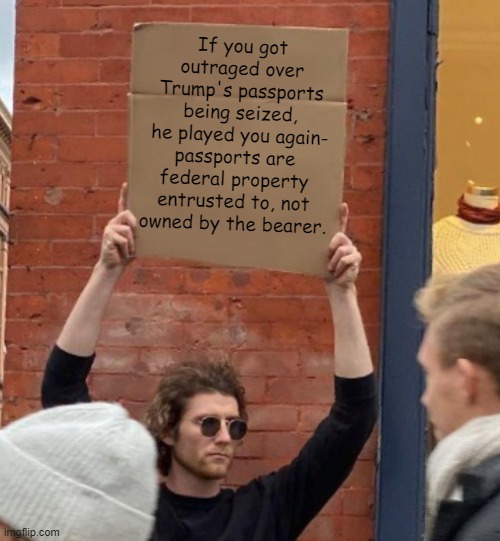It's impossible to steal something which belongs to you. | If you got outraged over Trump's passports being seized, he played you again-; passports are federal property entrusted to, not owned by the bearer. | image tagged in guy holding cardboard sign closer | made w/ Imgflip meme maker