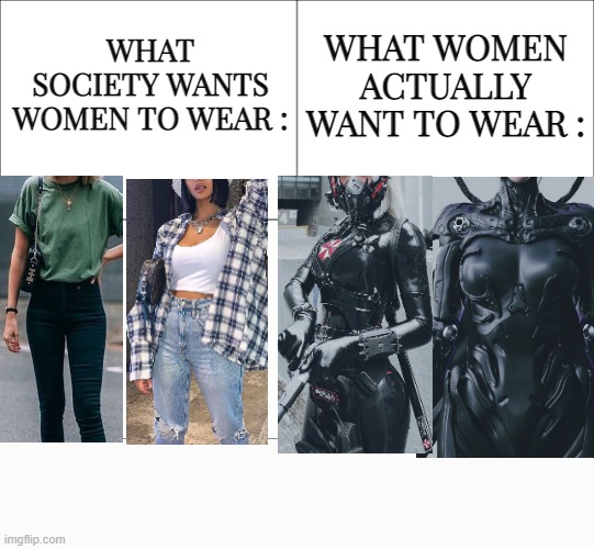 make this trendy again pls | WHAT SOCIETY WANTS WOMEN TO WEAR :; WHAT WOMEN ACTUALLY WANT TO WEAR : | image tagged in armor core,fashion | made w/ Imgflip meme maker
