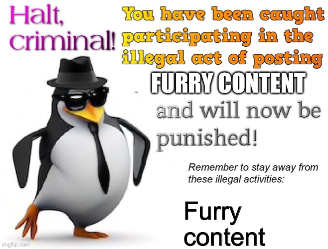 halt criminal! | FURRY CONTENT Furry content | image tagged in halt criminal | made w/ Imgflip meme maker