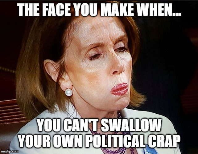 inedible and indigestible | THE FACE YOU MAKE WHEN... YOU CAN'T SWALLOW YOUR OWN POLITICAL CRAP | image tagged in nancy pelosi pb sandwich,memes,politics,democrats,nancy pelosi,corruption | made w/ Imgflip meme maker
