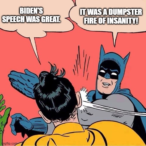 Yes . . . when you get right down to it and realize that Biden was channeling the rhetoric of Fascists and Marxists. | IT WAS A DUMPSTER FIRE OF INSANITY! BIDEN'S SPEECH WAS GREAT. | image tagged in batman slapping robin | made w/ Imgflip meme maker