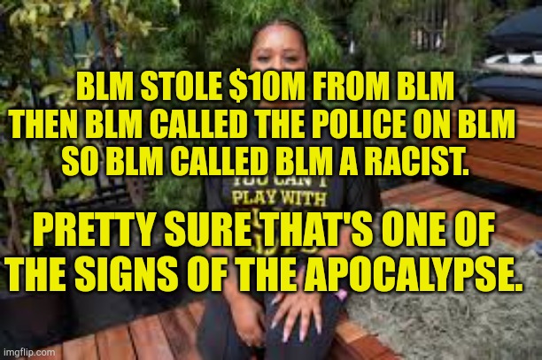 BLM Hypocrisy | BLM STOLE $10M FROM BLM
THEN BLM CALLED THE POLICE ON BLM 
SO BLM CALLED BLM A RACIST. PRETTY SURE THAT'S ONE OF THE SIGNS OF THE APOCALYPSE. | image tagged in race baiter no1,blm,fraud,cheaters,criminal minds,evilmandoevil | made w/ Imgflip meme maker