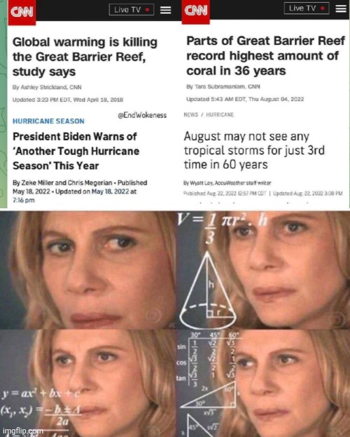 Coral Reef, Hurricanes and Global Warming | image tagged in math lady/confused lady,global warming,coral,hurricane,joe biden,cnn fake news | made w/ Imgflip meme maker
