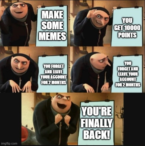 I'm back | MAKE SOME MEMES; YOU GET 10000 POINTS; YOU FORGET AND LEAVE YOUR ACCOUNT FOR 2 MONTHS; YOU FORGET AND LEAVE YOUR ACCOUNT FOR 2 MONTHS; YOU'RE FINALLY BACK! | image tagged in 5 panel gru meme | made w/ Imgflip meme maker