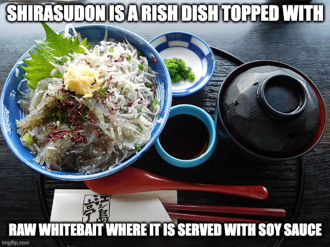 Shirasudon | SHIRASUDON IS A RISH DISH TOPPED WITH; RAW WHITEBAIT WHERE IT IS SERVED WITH SOY SAUCE | image tagged in food,memes | made w/ Imgflip meme maker