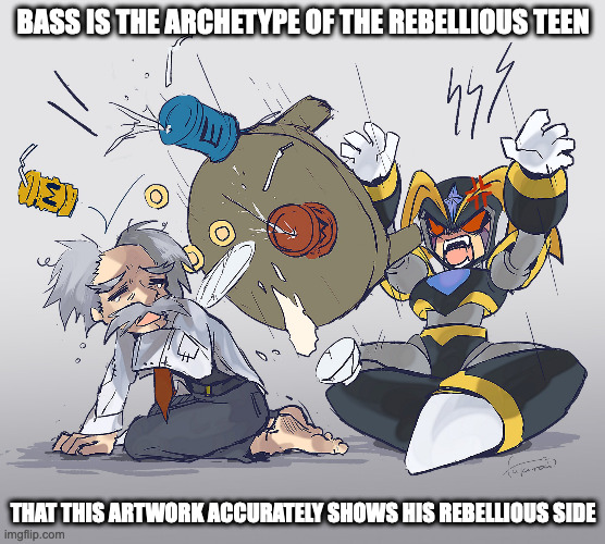 Angry Bass | BASS IS THE ARCHETYPE OF THE REBELLIOUS TEEN; THAT THIS ARTWORK ACCURATELY SHOWS HIS REBELLIOUS SIDE | image tagged in bass,megaman,memes | made w/ Imgflip meme maker