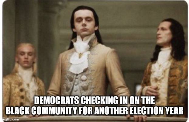 Good luck on the next one y'all | DEMOCRATS CHECKING IN ON THE BLACK COMMUNITY FOR ANOTHER ELECTION YEAR | image tagged in superior royalty,democrats,black lives matter,political meme,snob | made w/ Imgflip meme maker