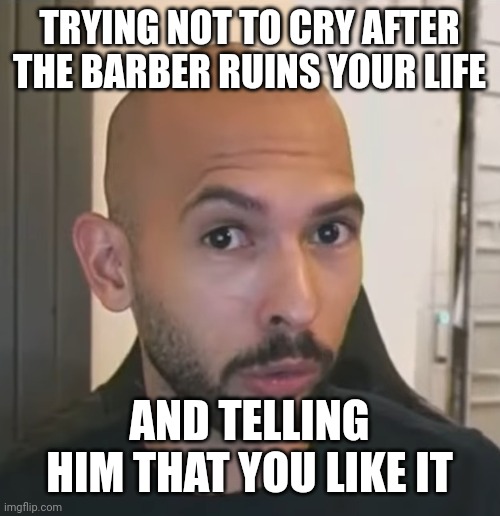 Andrew Tate No Bitches | TRYING NOT TO CRY AFTER THE BARBER RUINS YOUR LIFE; AND TELLING HIM THAT YOU LIKE IT | image tagged in andrew tate no bitches | made w/ Imgflip meme maker