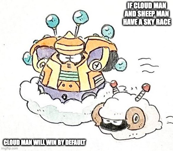 Cloud Man and Sheep Man | IF CLOUD MAN AND SHEEP MAN HAVE A SKY RACE; CLOUD MAN WILL WIN BY DEFAULT | image tagged in cloudman,sheepman,megaman,memes | made w/ Imgflip meme maker