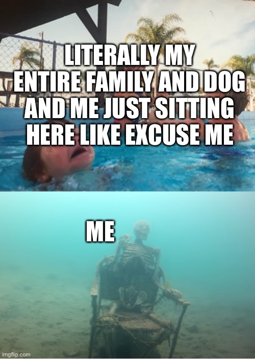 Swimming Pool Kids | ME LITERALLY MY ENTIRE FAMILY AND DOG AND ME JUST SITTING HERE LIKE EXCUSE ME | image tagged in swimming pool kids | made w/ Imgflip meme maker