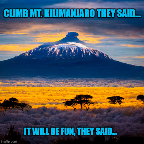 Climb Mt. Kilimanjaro They Said | CLIMB MT. KILIMANJARO THEY SAID... IT WILL BE FUN, THEY SAID... | image tagged in mountain,mountain climbing,africa | made w/ Imgflip meme maker