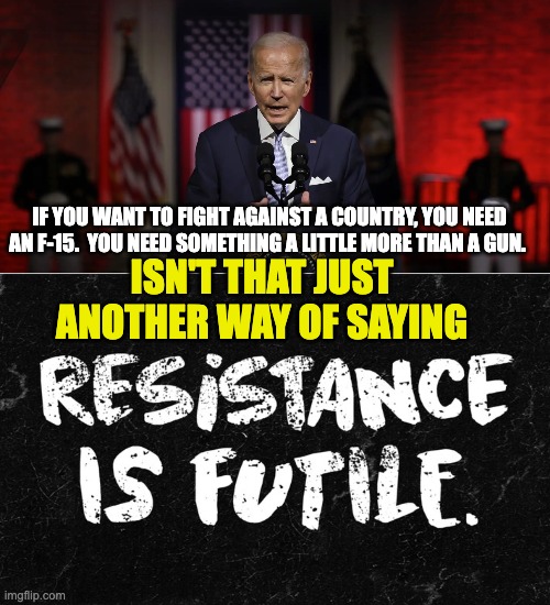 Resistance is futile | IF YOU WANT TO FIGHT AGAINST A COUNTRY, YOU NEED AN F-15.  YOU NEED SOMETHING A LITTLE MORE THAN A GUN. ISN'T THAT JUST ANOTHER WAY OF SAYING | image tagged in fascism | made w/ Imgflip meme maker
