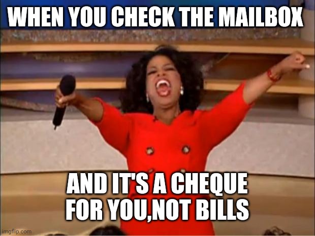 Oprah You Get A | WHEN YOU CHECK THE MAILBOX; AND IT'S A CHEQUE FOR YOU,NOT BILLS | image tagged in memes,oprah you get a | made w/ Imgflip meme maker