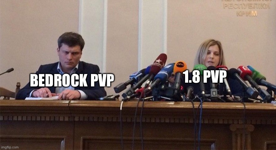 Man and woman microphone | 1.8 PVP; BEDROCK PVP | image tagged in man and woman microphone,memes,funny,gifs | made w/ Imgflip meme maker