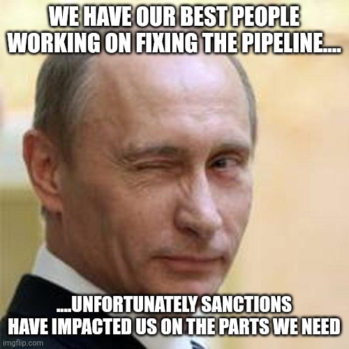 .....your move | WE HAVE OUR BEST PEOPLE WORKING ON FIXING THE PIPELINE.... ....UNFORTUNATELY SANCTIONS HAVE IMPACTED US ON THE PARTS WE NEED | image tagged in putin winking | made w/ Imgflip meme maker