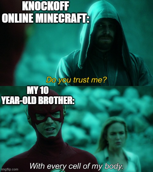 Knockoff Minecraft | KNOCKOFF ONLINE MINECRAFT:; MY 10 YEAR-OLD BROTHER: | image tagged in do you trust me,ripoff | made w/ Imgflip meme maker