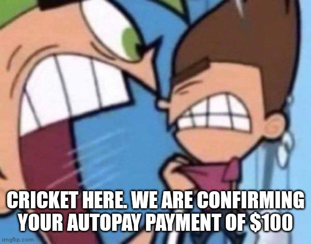 Cosmo yelling at timmy | CRICKET HERE. WE ARE CONFIRMING YOUR AUTOPAY PAYMENT OF $100 | image tagged in cosmo yelling at timmy | made w/ Imgflip meme maker