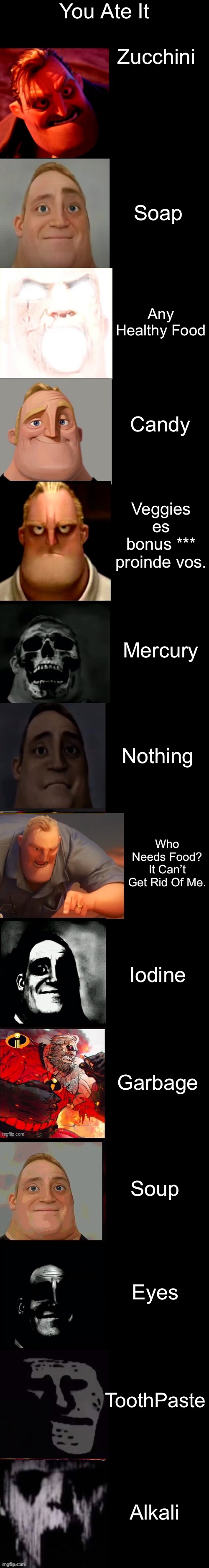 Mr incredible becoming random 14 phases | You Ate It; Zucchini; Soap; Any Healthy Food; Candy; Veggies es bonus *** proinde vos. Mercury; Nothing; Who Needs Food? It Can’t Get Rid Of Me. Iodine; Garbage; Soup; Eyes; ToothPaste; Alkali | image tagged in mr incredible becoming random 14 phases | made w/ Imgflip meme maker