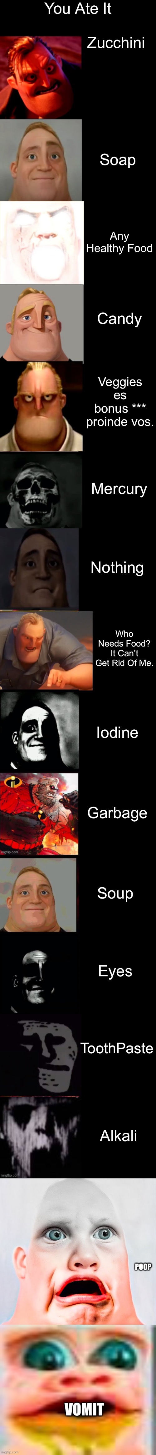 You Ate It + 2 Extras | You Ate It; Zucchini; Soap; Any Healthy Food; Candy; Veggies es bonus *** proinde vos. Mercury; Nothing; Who Needs Food? It Can’t Get Rid Of Me. Iodine; Garbage; Soup; Eyes; ToothPaste; Alkali; POOP; VOMIT | image tagged in mr incredible becoming random 14 phases,food,drinks | made w/ Imgflip meme maker