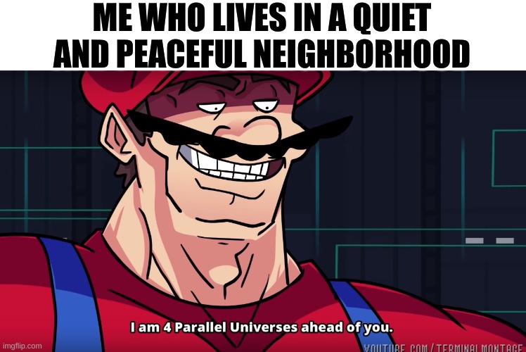 Mario I am four parallel universes ahead of you | ME WHO LIVES IN A QUIET AND PEACEFUL NEIGHBORHOOD | image tagged in mario i am four parallel universes ahead of you | made w/ Imgflip meme maker