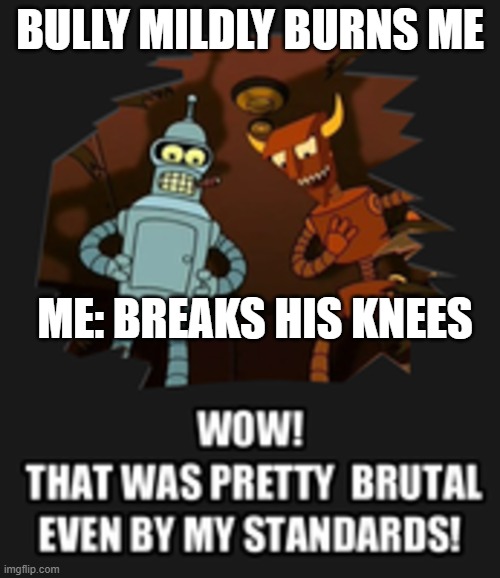 Wow That Was Pretty Brutal | BULLY MILDLY BURNS ME; ME: BREAKS HIS KNEES | image tagged in wow that was pretty brutal | made w/ Imgflip meme maker