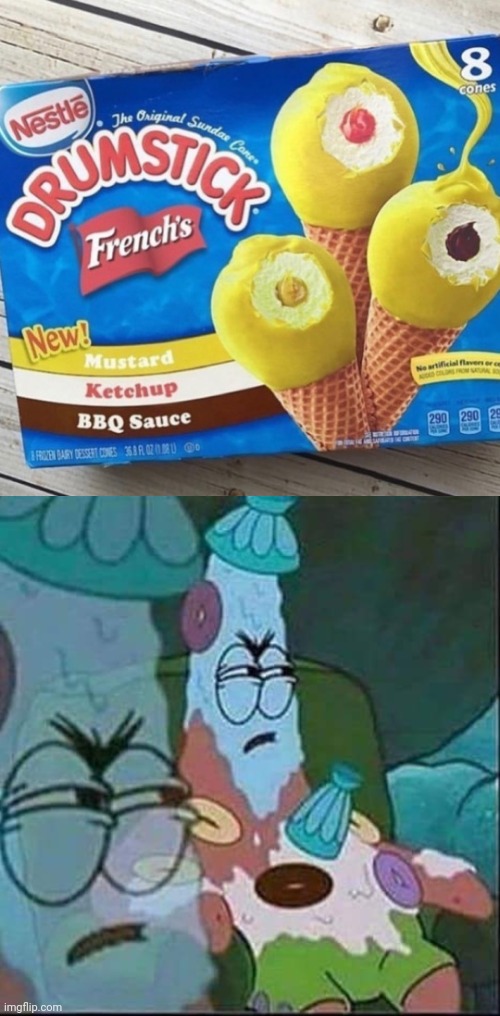 Mustard, Ketchup, BBQ Sauce ice cream cones | image tagged in patrick ice cream,cursed image,ice cream cone,memes,cursed,drumstick | made w/ Imgflip meme maker
