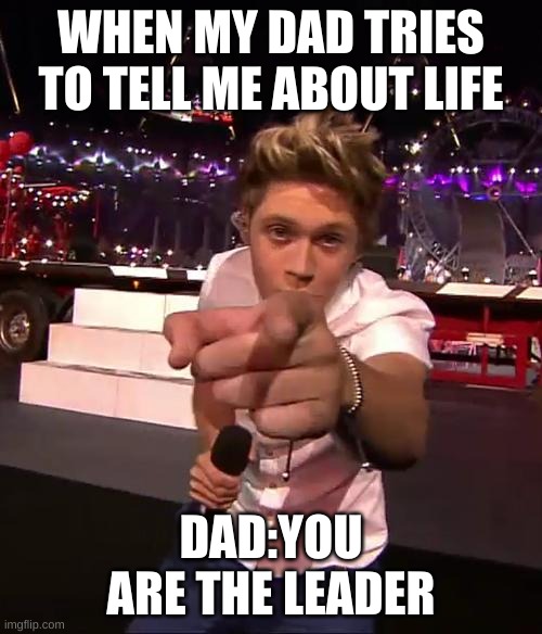 life lesson (aparently) | WHEN MY DAD TRIES TO TELL ME ABOUT LIFE; DAD:YOU ARE THE LEADER | image tagged in one direction | made w/ Imgflip meme maker